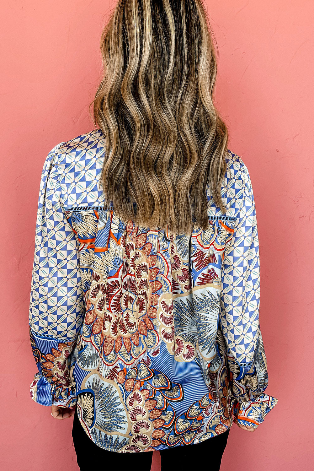 Black Black Mixed Floral Geometric Print Ruffled Long Sleeve Blouse