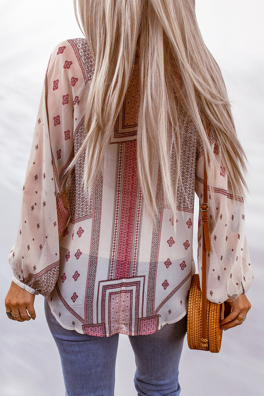 Beige Boho Printed Sheer Puff Sleeve Blouse