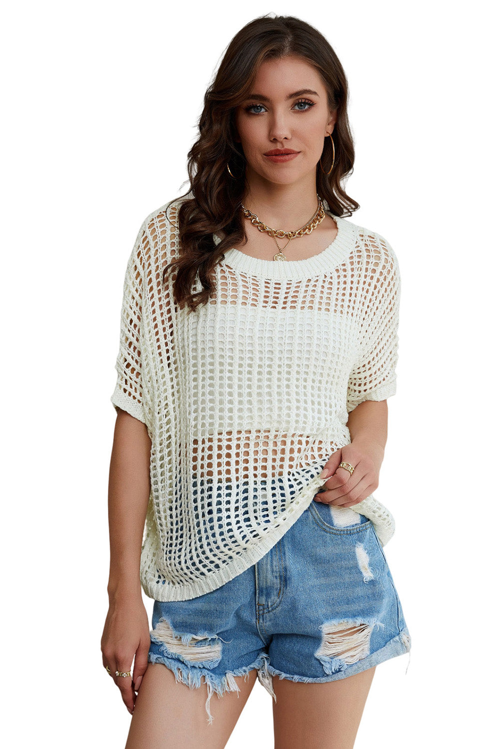 Apricot Fishnet Knit Ribbed Round Neck Short Sleeve Sweater Tee