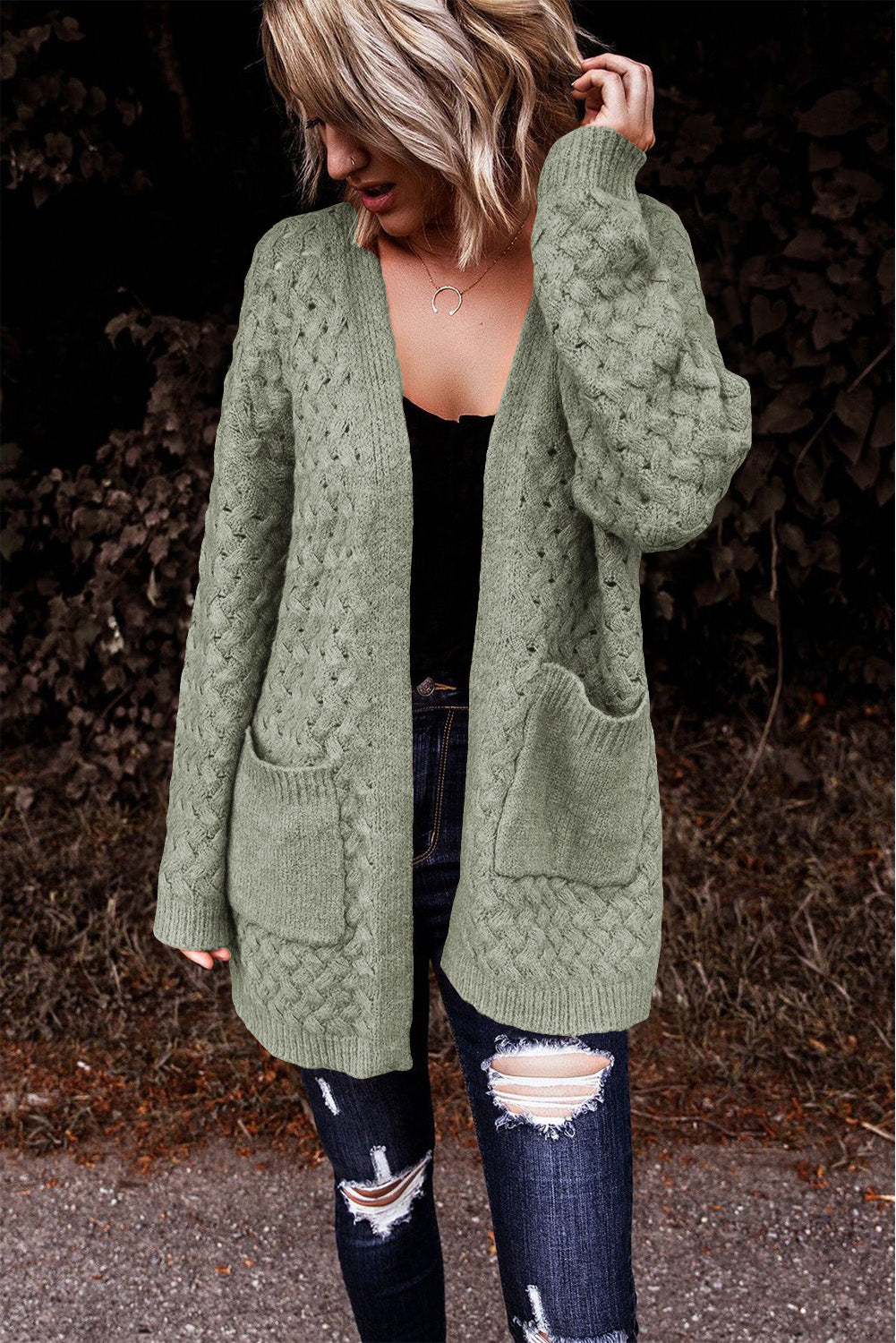 Gray Open Front Woven Texture Knitted Cardigan with Pockets
