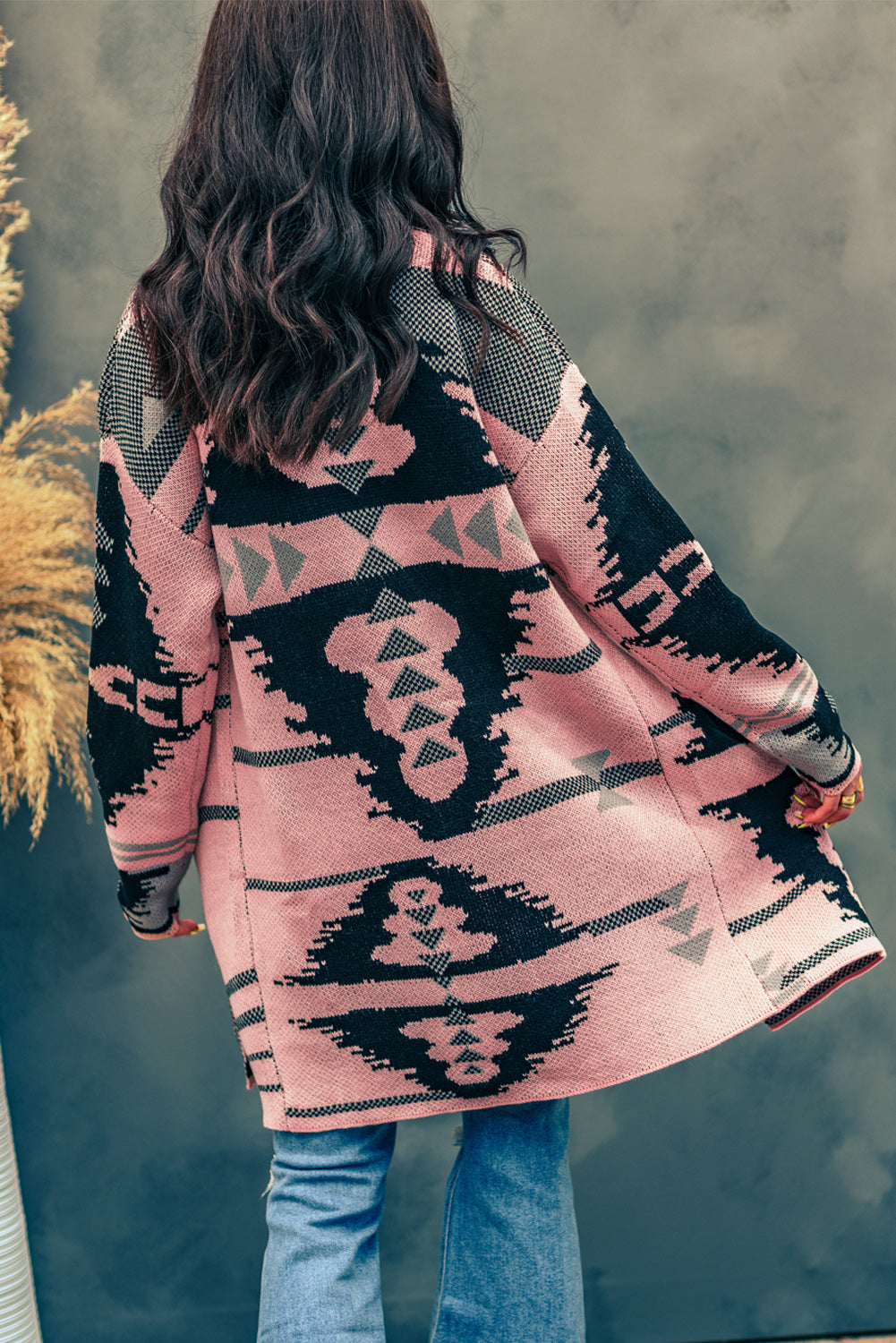 Beige Lapel Collar Geometric Print Knit Cardigan