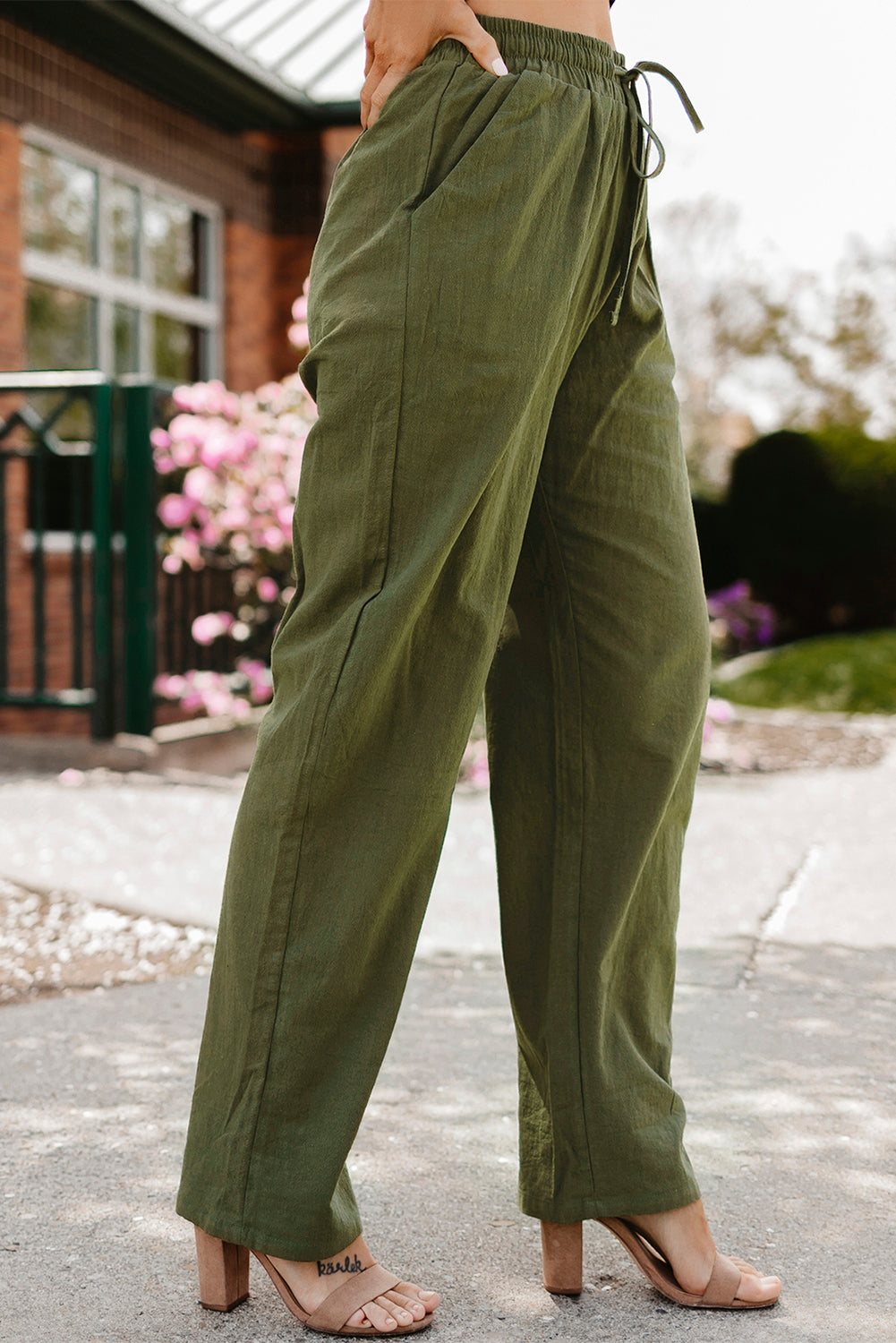 Black Drawstring Elastic Waist Pockets Long Straight Legs Pants