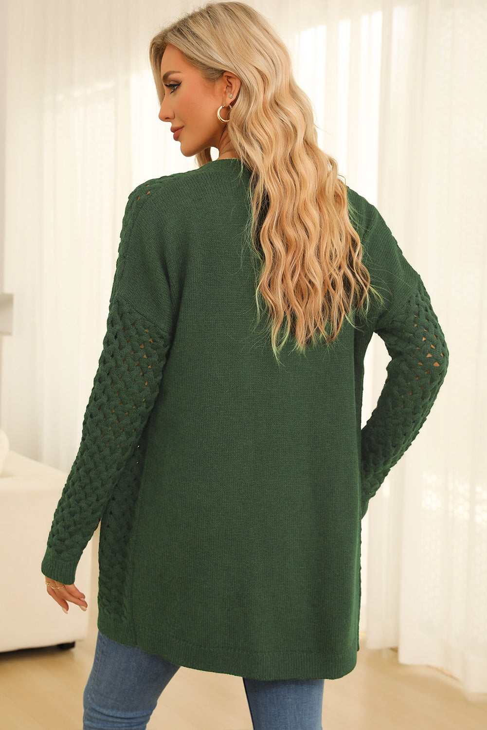 Gray Open Front Woven Texture Knitted Cardigan with Pockets