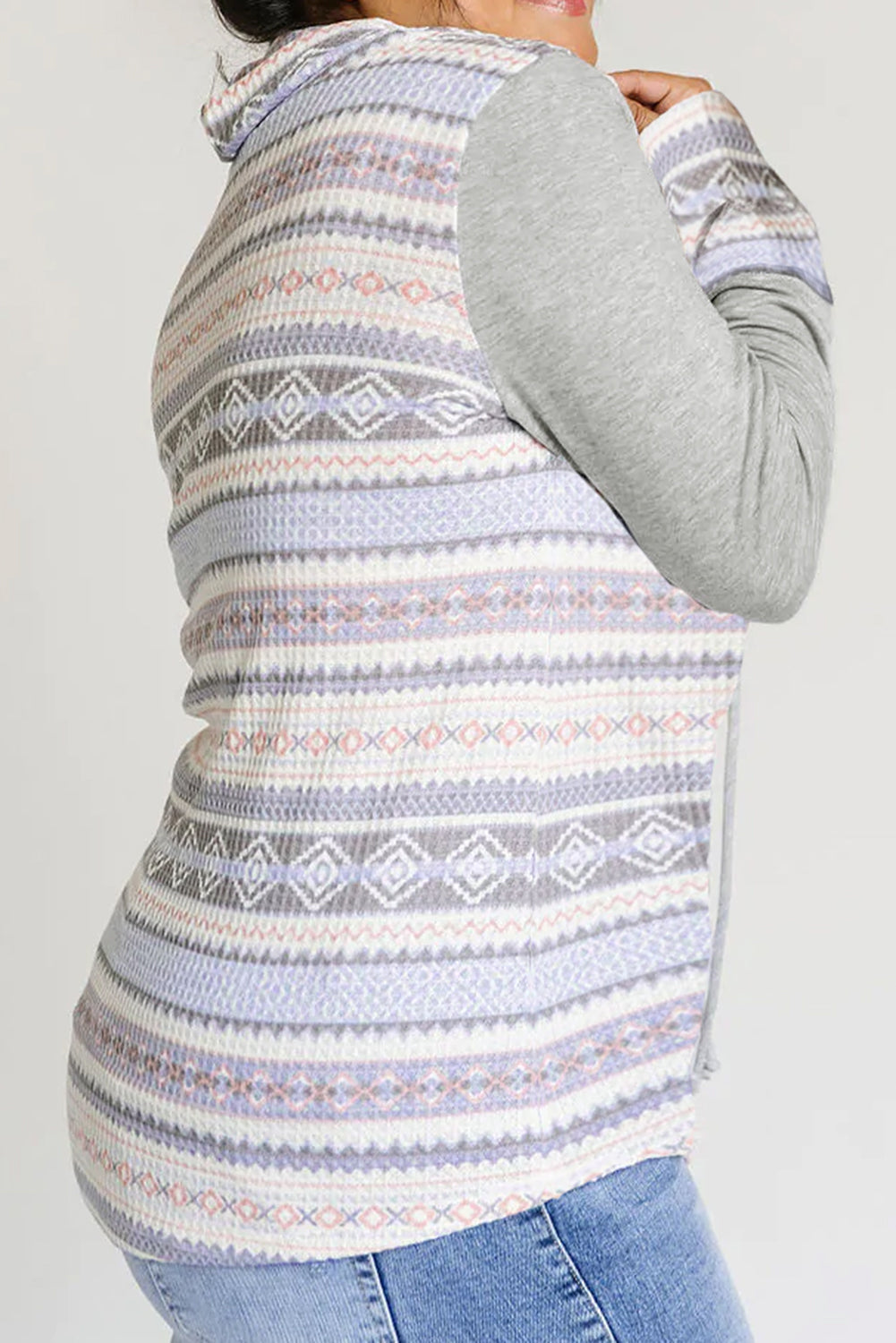 Aztec Print Waffle Knit Cowl Neck Sweatshirt