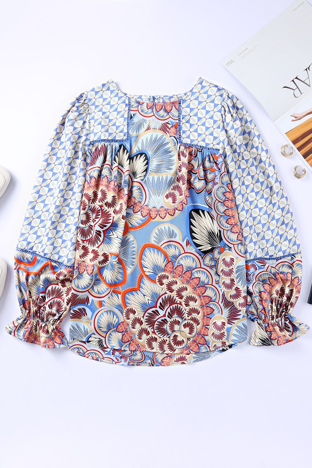Black Black Mixed Floral Geometric Print Ruffled Long Sleeve Blouse