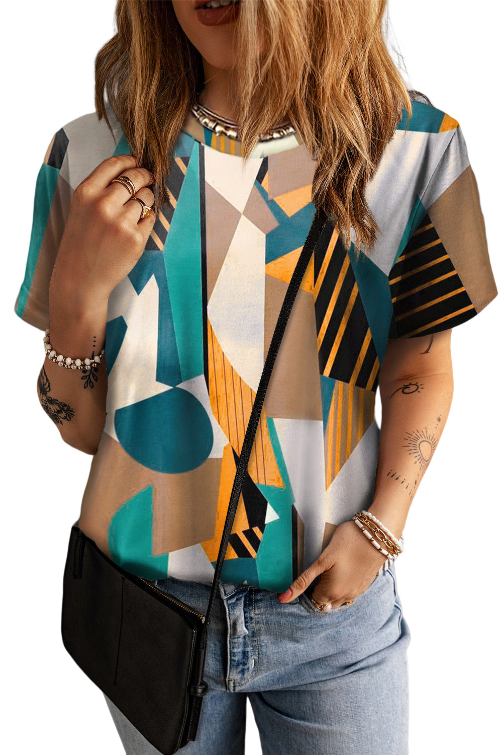 Geometric Print Round Neck Casual T-Shirt
