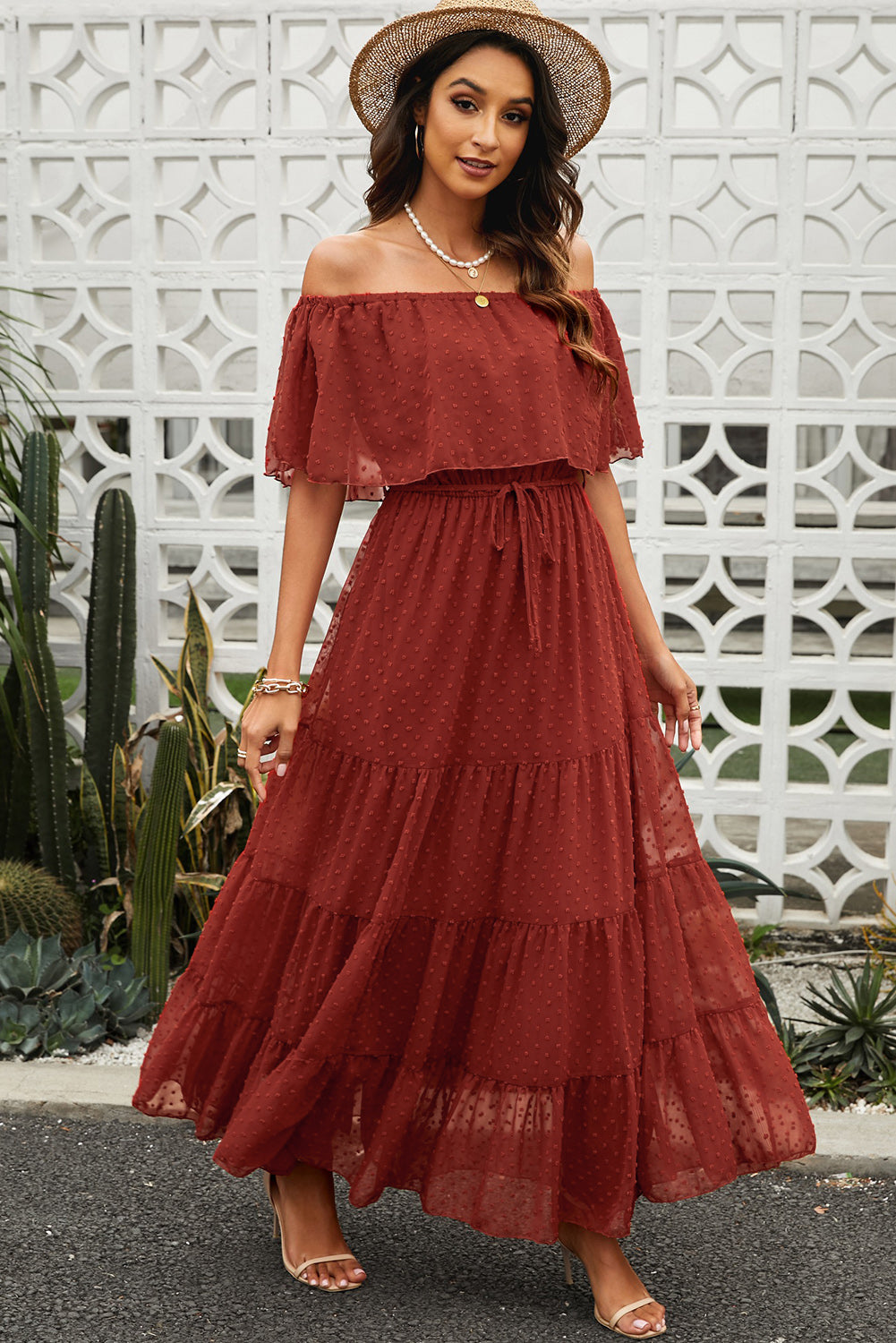 Yellow Yellow Off Shoulder Ruffle Swiss Dot Maxi Dress