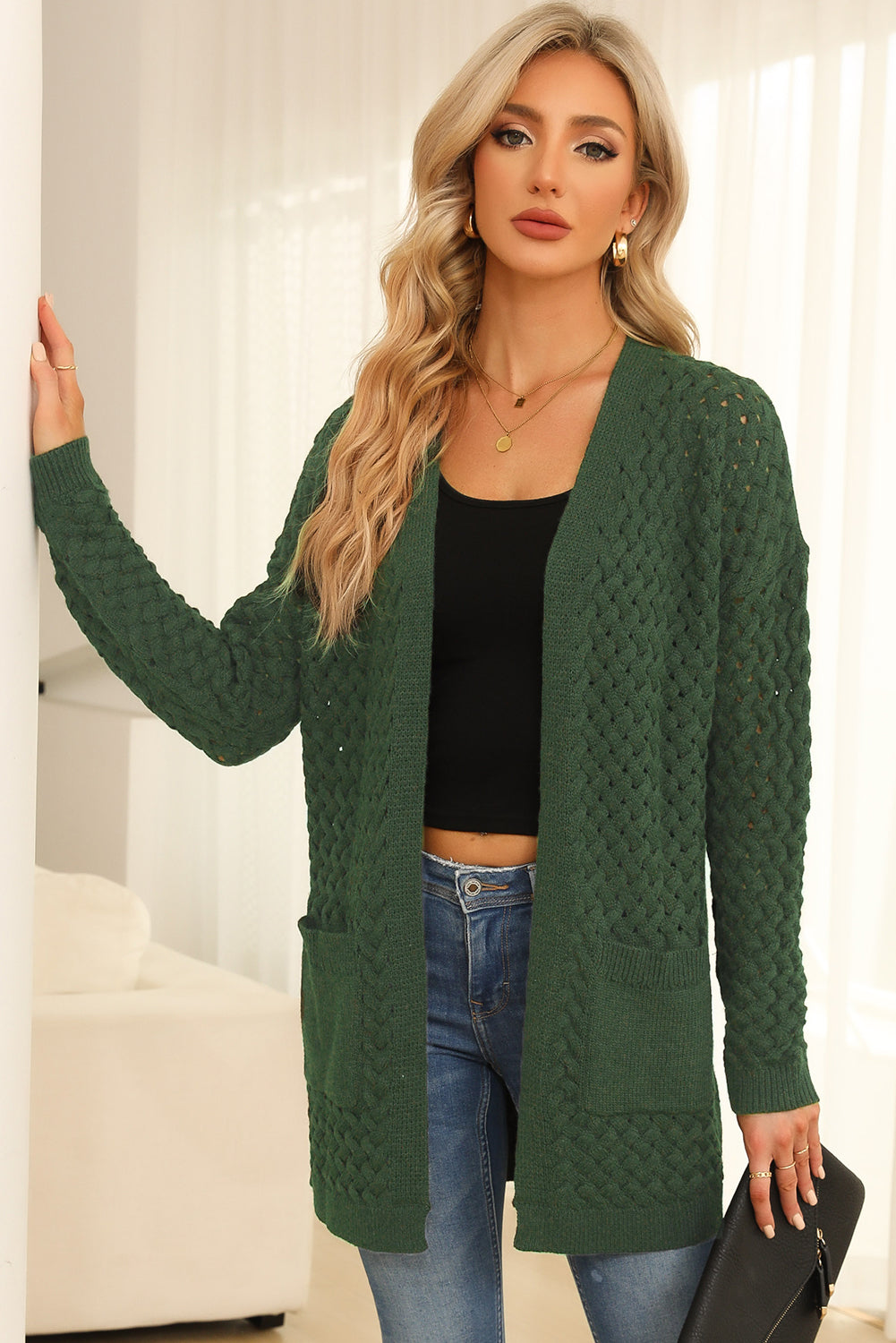 Gray Open Front Woven Texture Knitted Cardigan with Pockets