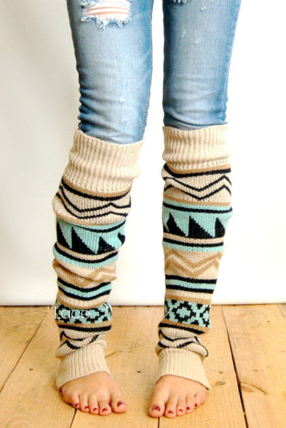 Beige Boho Aztec Print Knitted Leg Warmer
