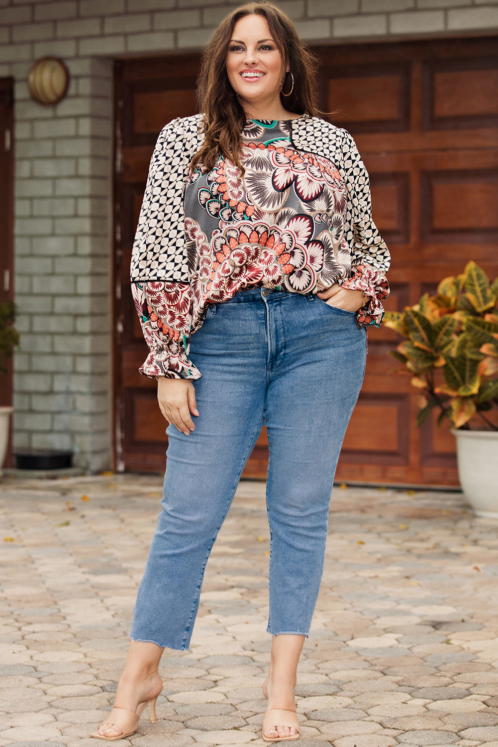 Black Black Mixed Floral Geometric Print Ruffled Long Sleeve Blouse