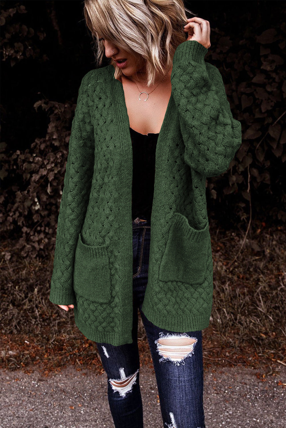 Gray Open Front Woven Texture Knitted Cardigan with Pockets