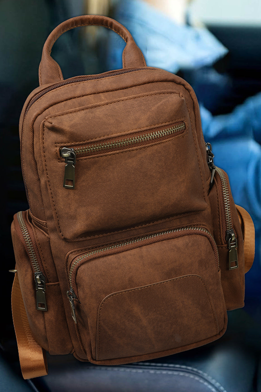 Chestnut Multi Pocket Zipped Retro Backpack