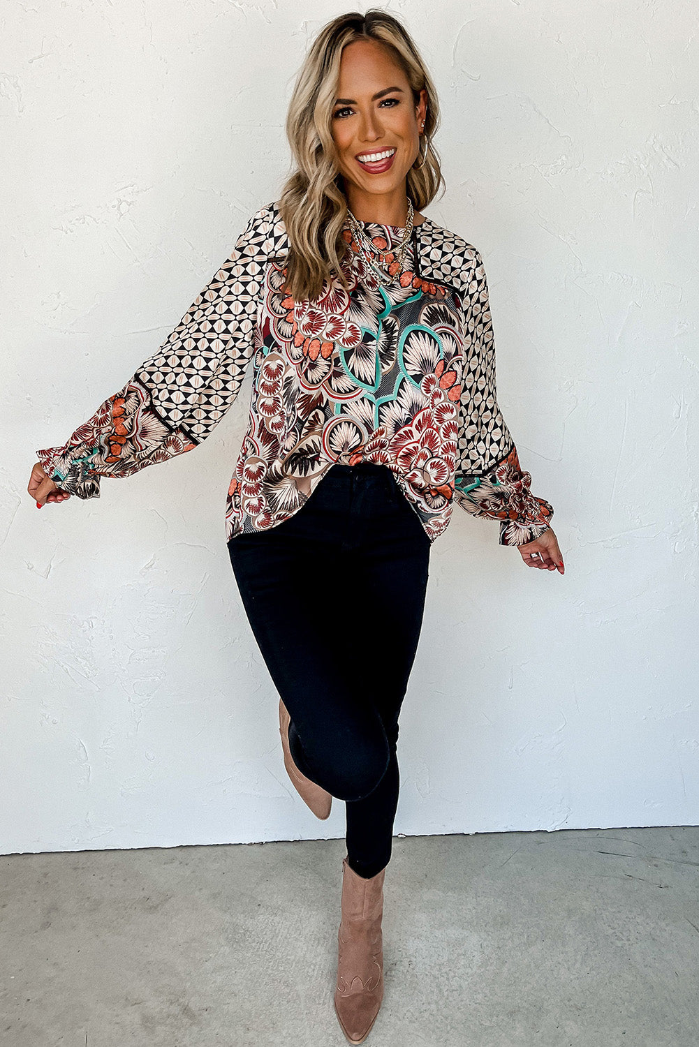 Black Black Mixed Floral Geometric Print Ruffled Long Sleeve Blouse