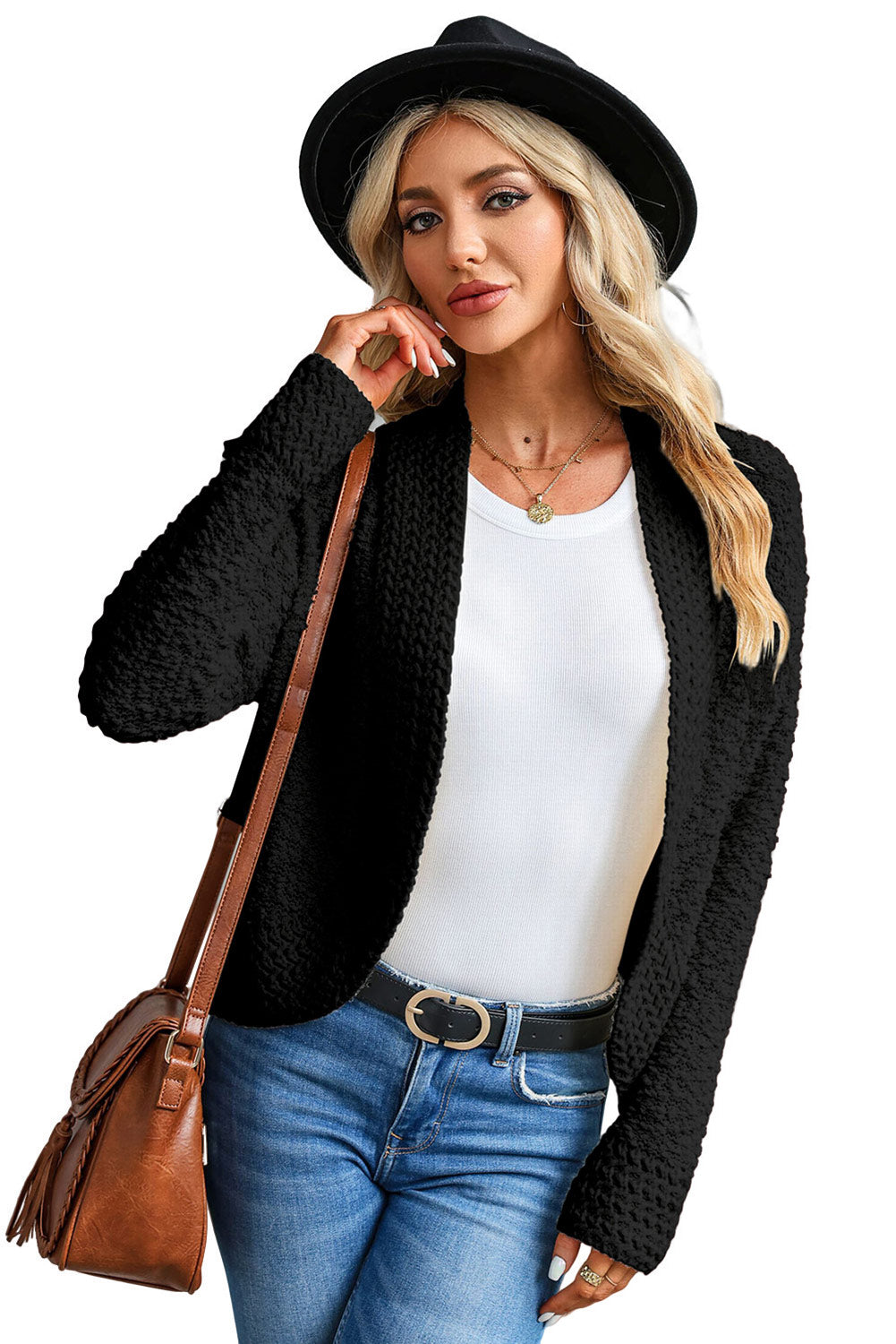 Fiery Red Popcorn Knit Open Front Cardigan