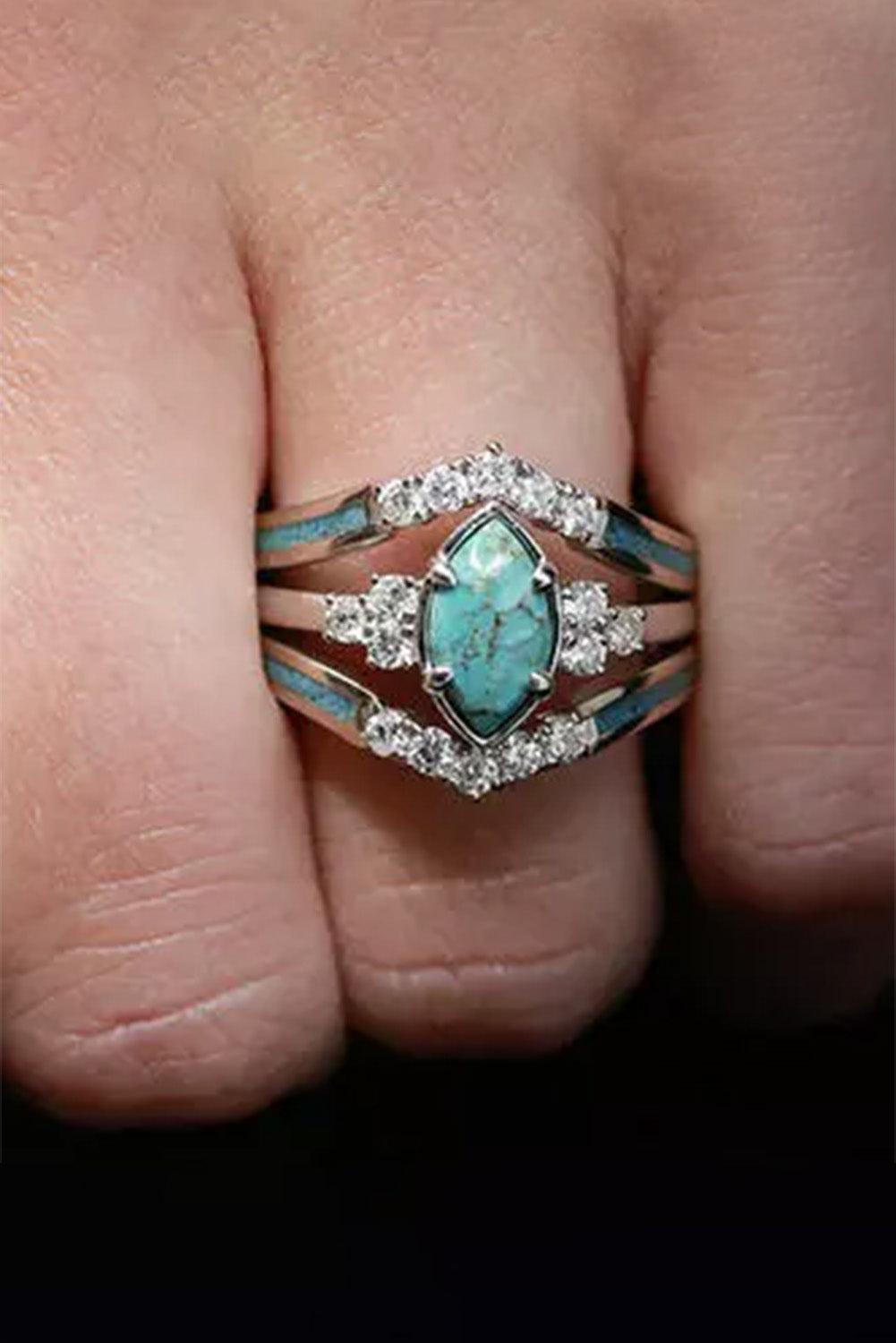 3Pcs Turquoise Rhinestone Ring Set
