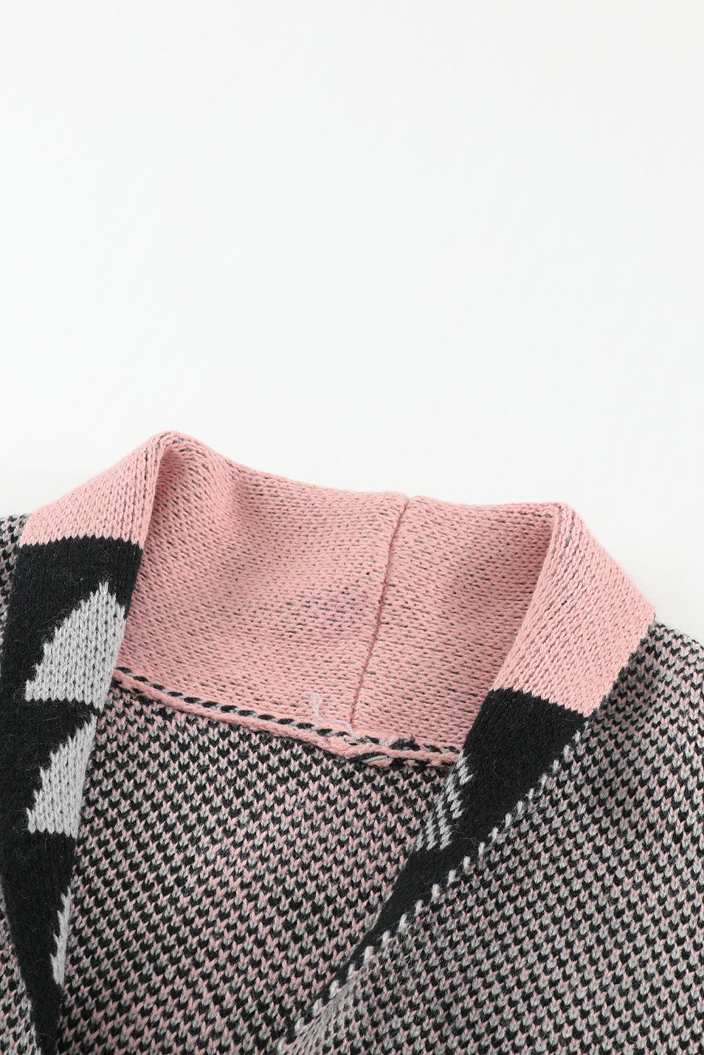 Beige Lapel Collar Geometric Print Knit Cardigan