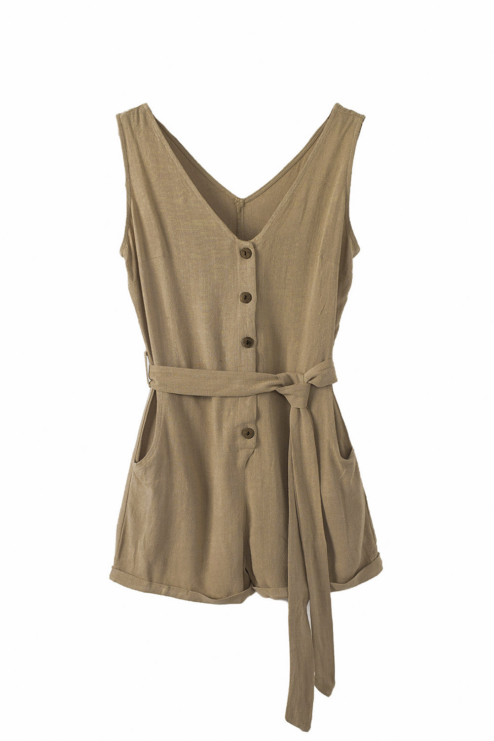 Beige Button V Neck Romper with Belt
