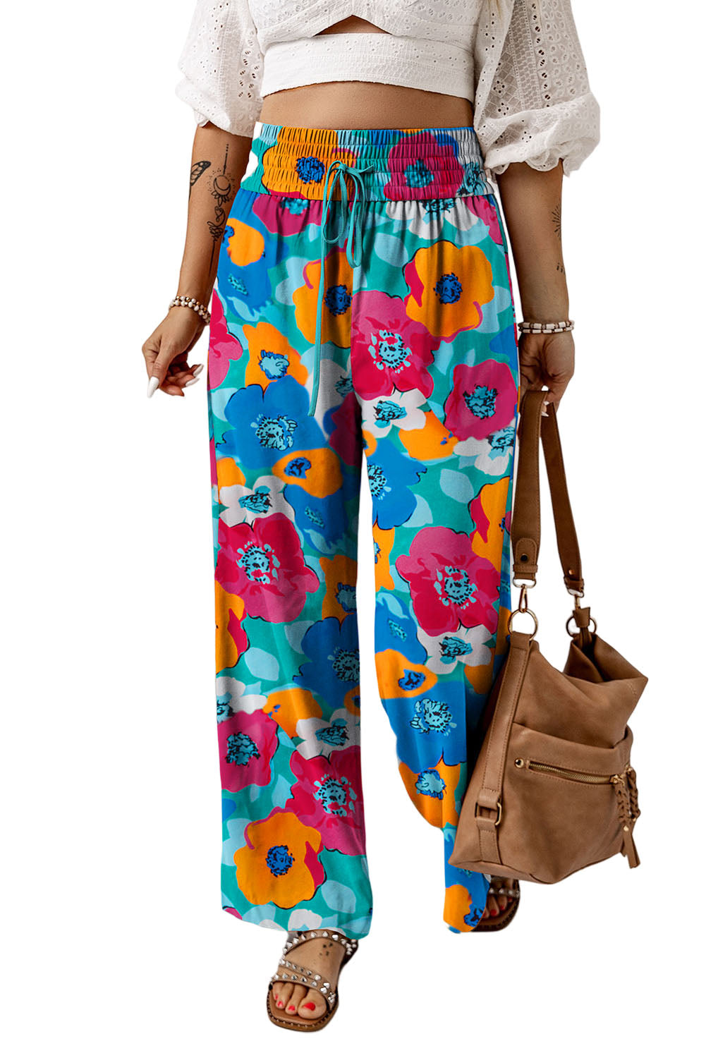 Brown Drawstring Elastic Waist Casual Wide Leg Pants
