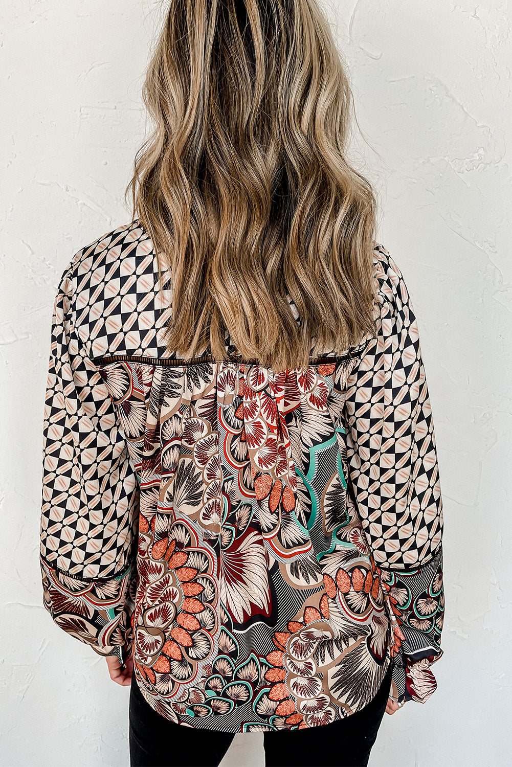 Black Black Mixed Floral Geometric Print Ruffled Long Sleeve Blouse