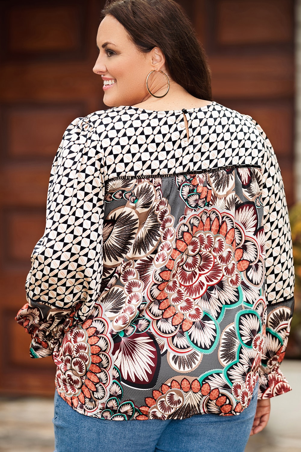 Black Black Mixed Floral Geometric Print Ruffled Long Sleeve Blouse