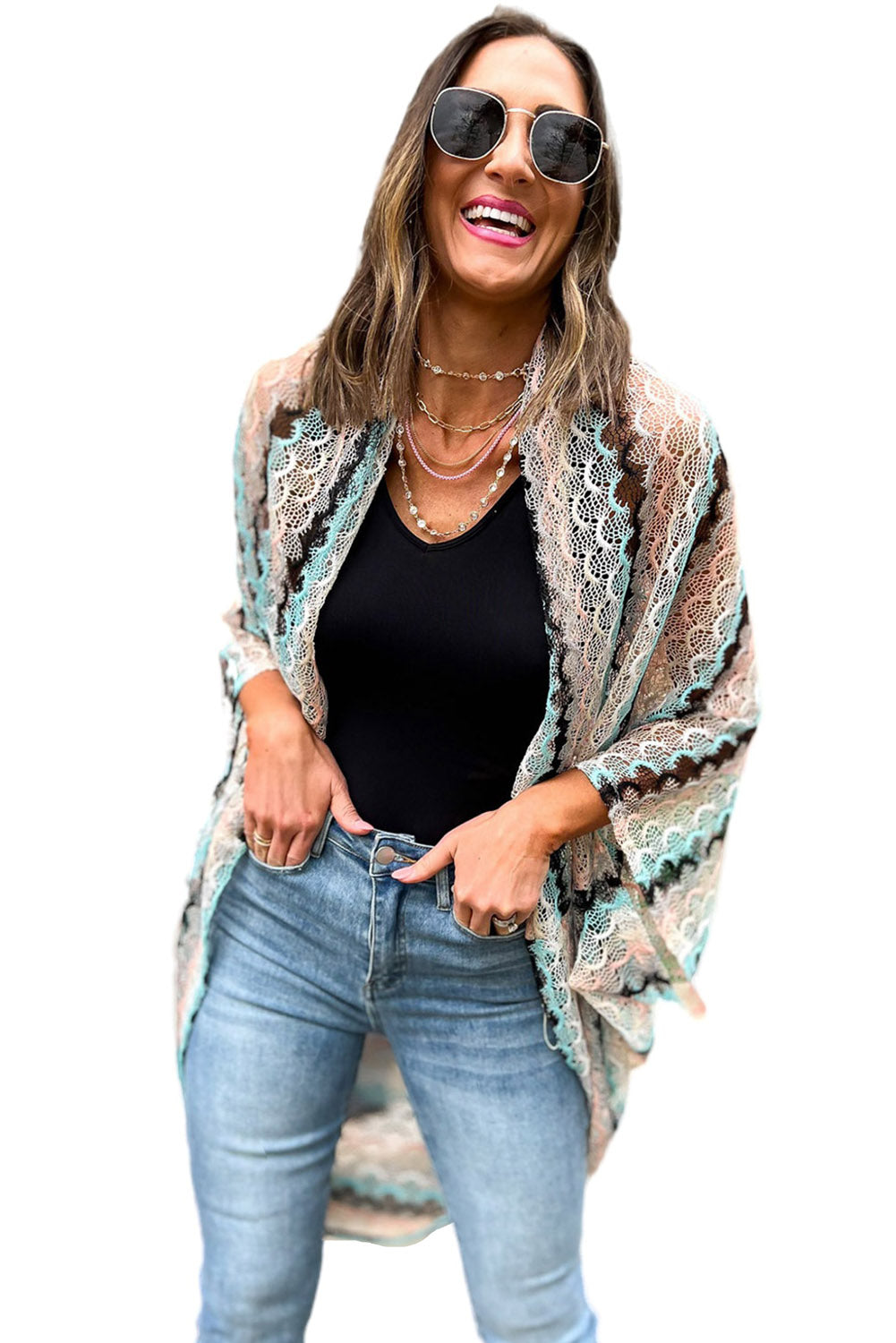Multicolor Sheer Fish-Scale Knit Kimono