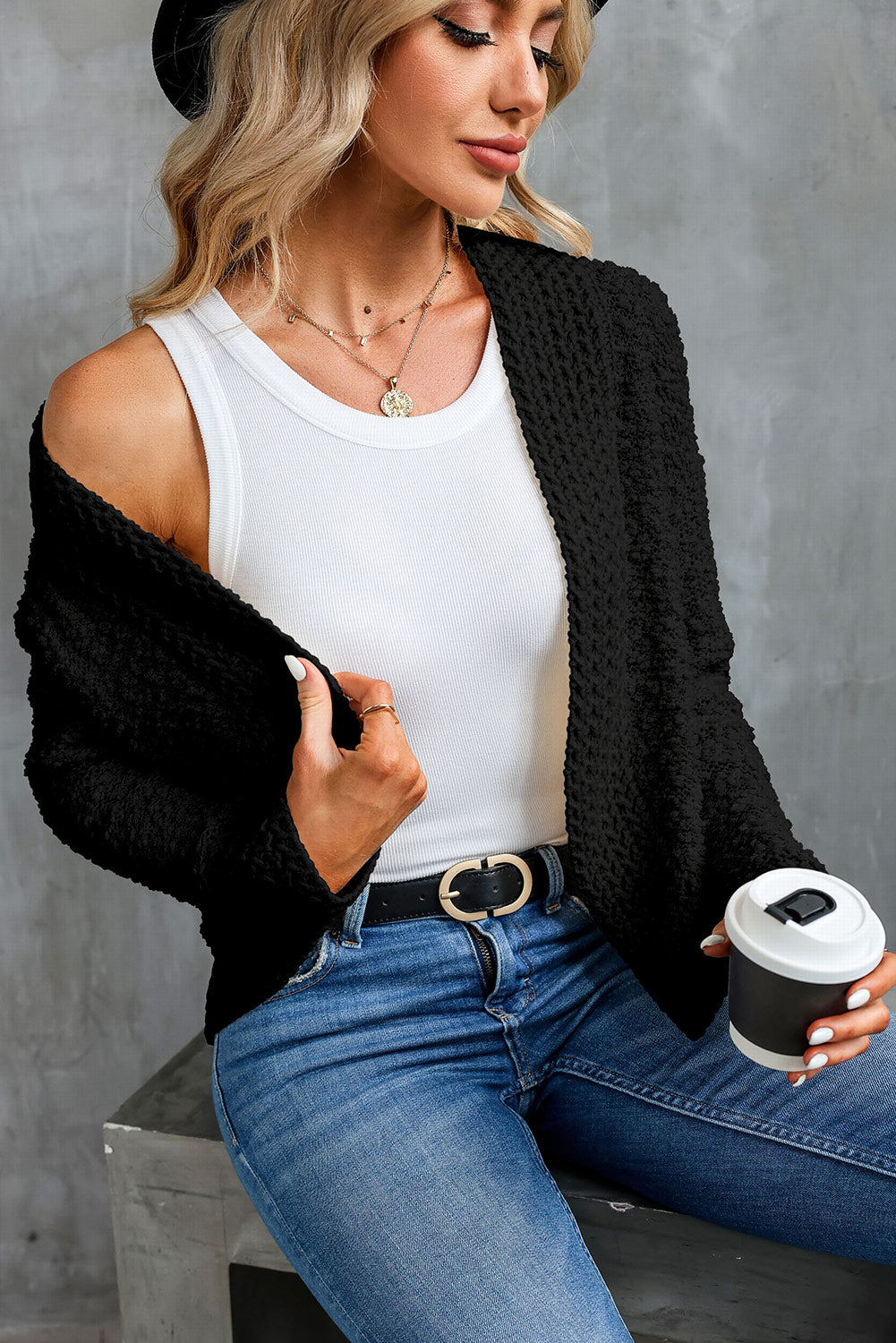 Fiery Red Popcorn Knit Open Front Cardigan
