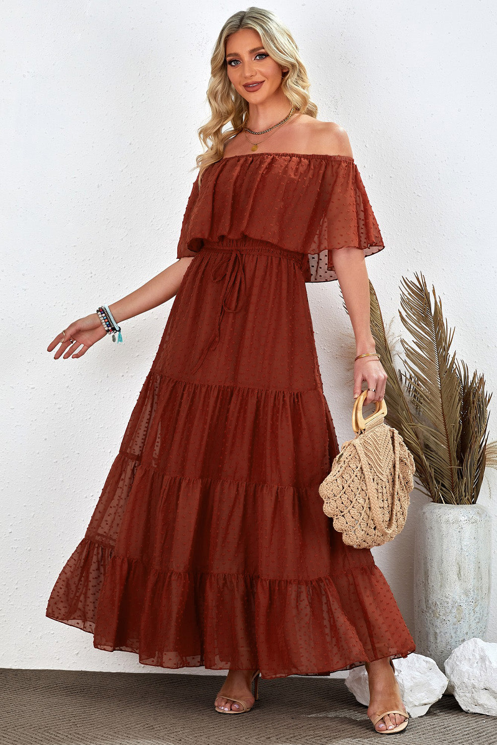 Yellow Yellow Off Shoulder Ruffle Swiss Dot Maxi Dress