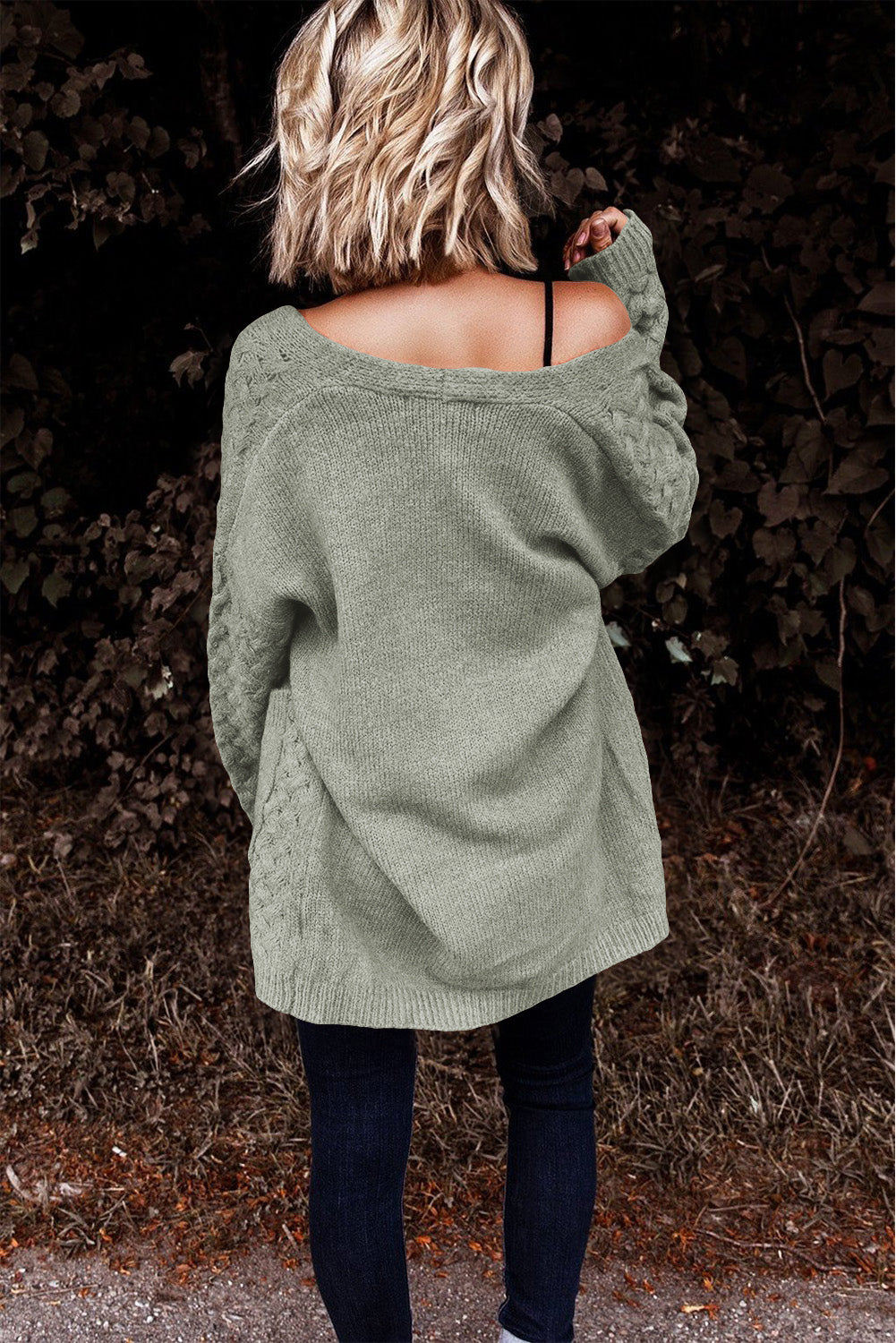 Gray Open Front Woven Texture Knitted Cardigan with Pockets
