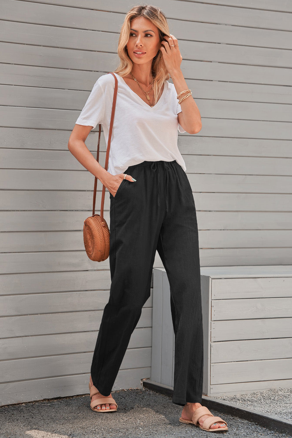 Black Drawstring Elastic Waist Pockets Long Straight Legs Pants
