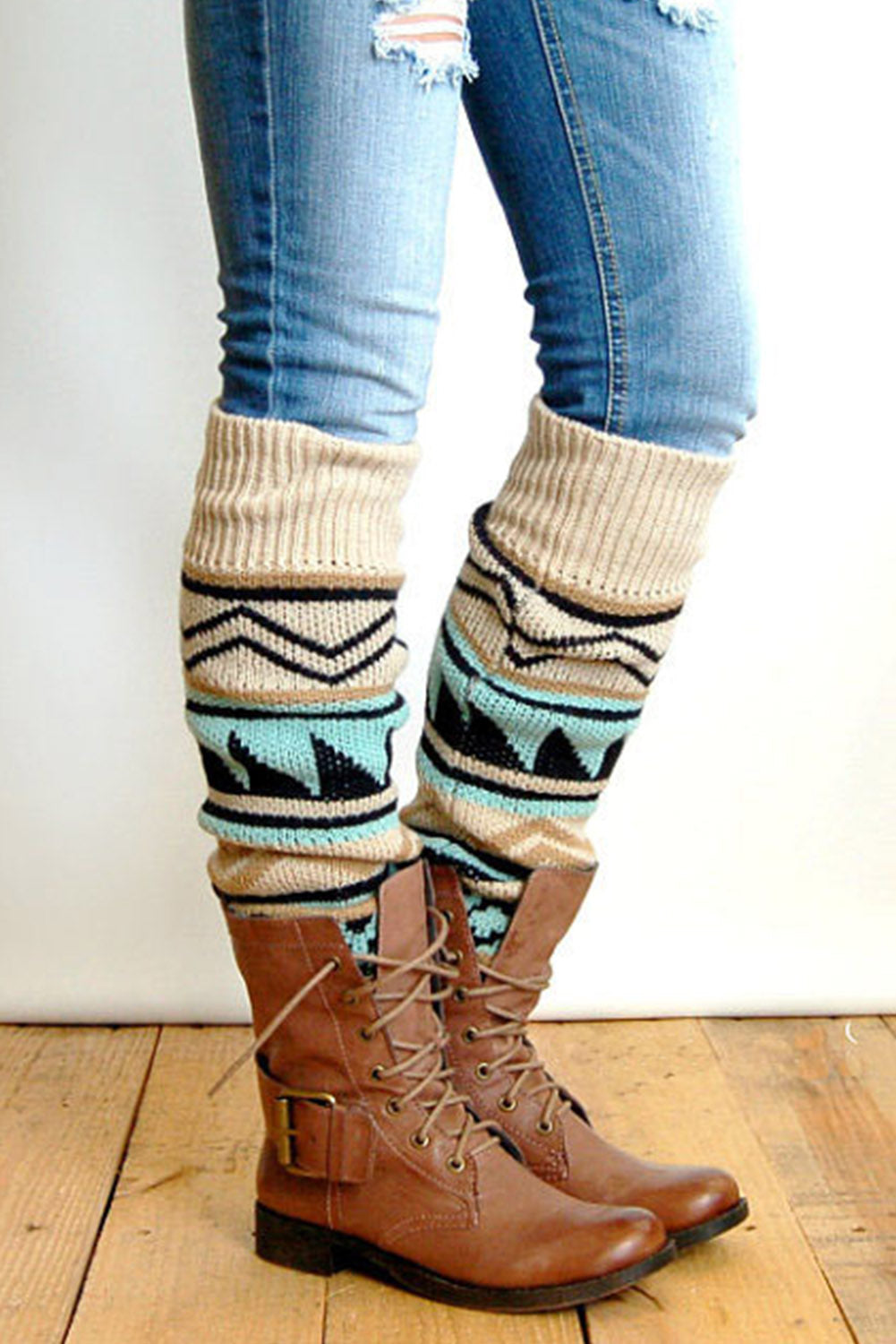 Beige Boho Aztec Print Knitted Leg Warmer