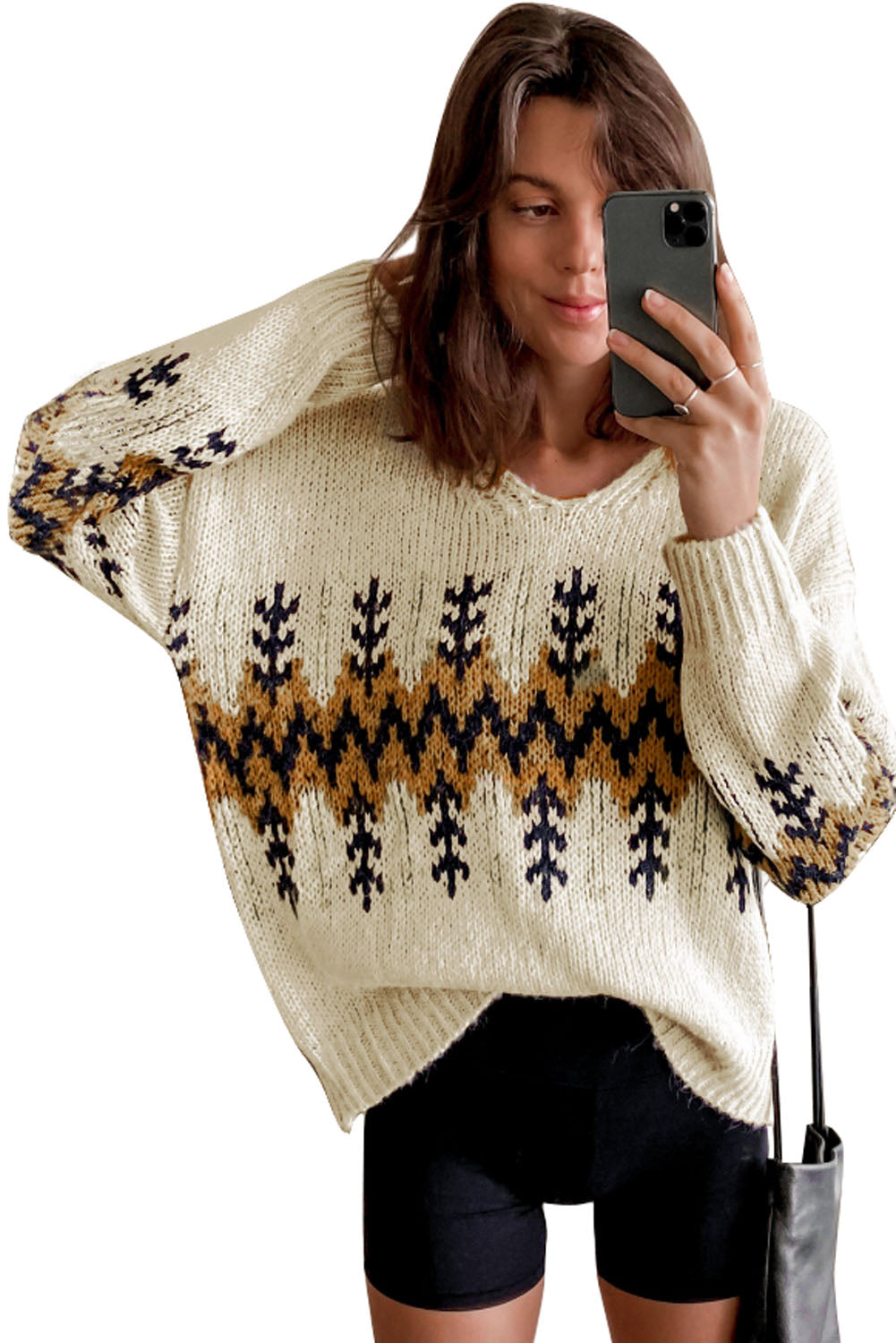 Beige Slouchy Fit Christmas Tree Print V Neck Knit Sweater