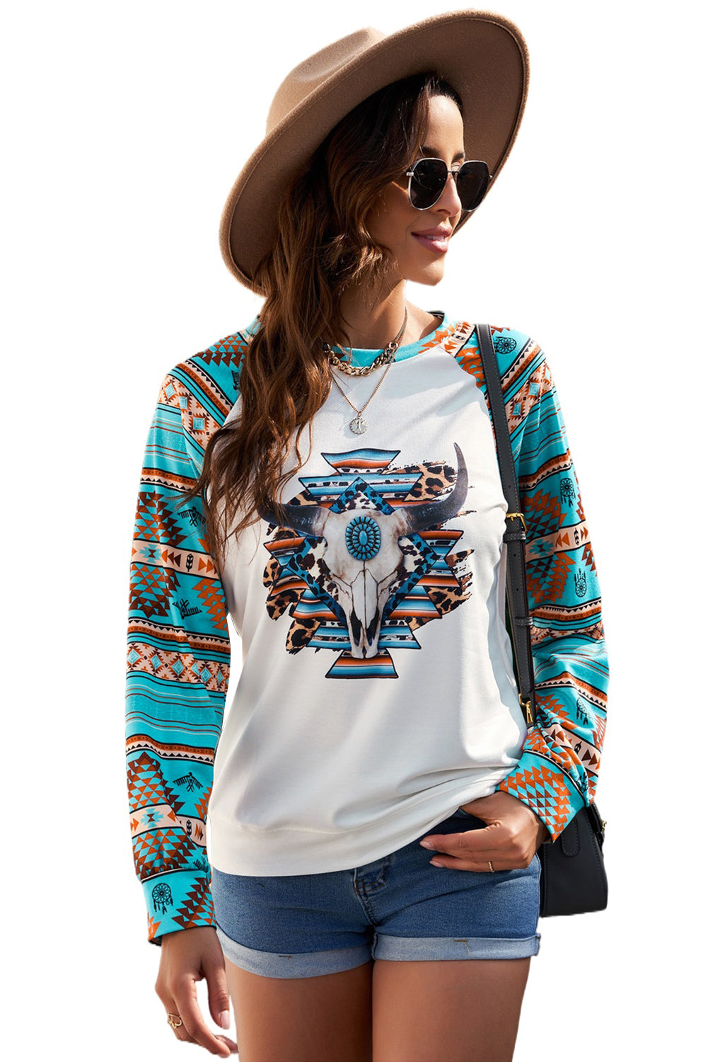 Aztec Sleeves Steer Head Graphic Women Sweatshirt