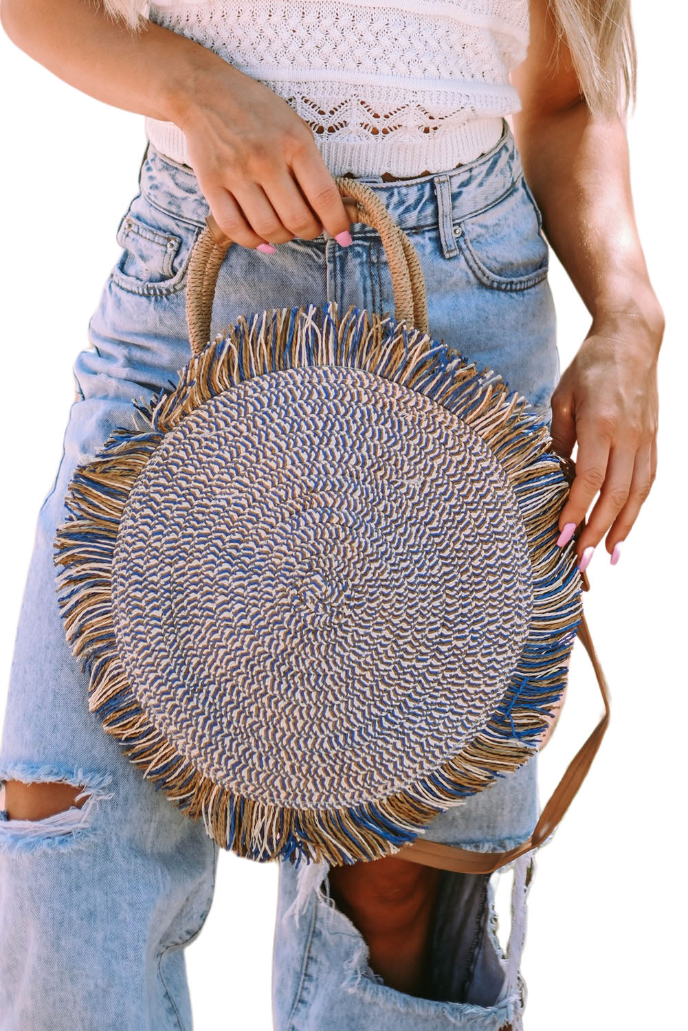 Retro Straw Woven Fringed Round Shoulder Bag