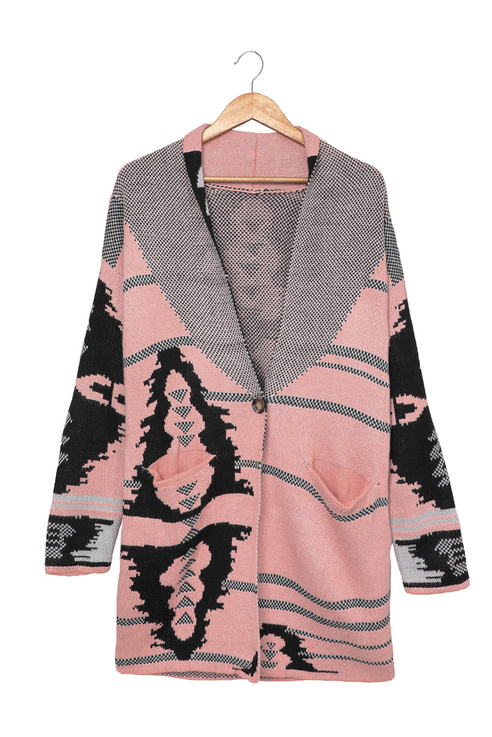Beige Lapel Collar Geometric Print Knit Cardigan