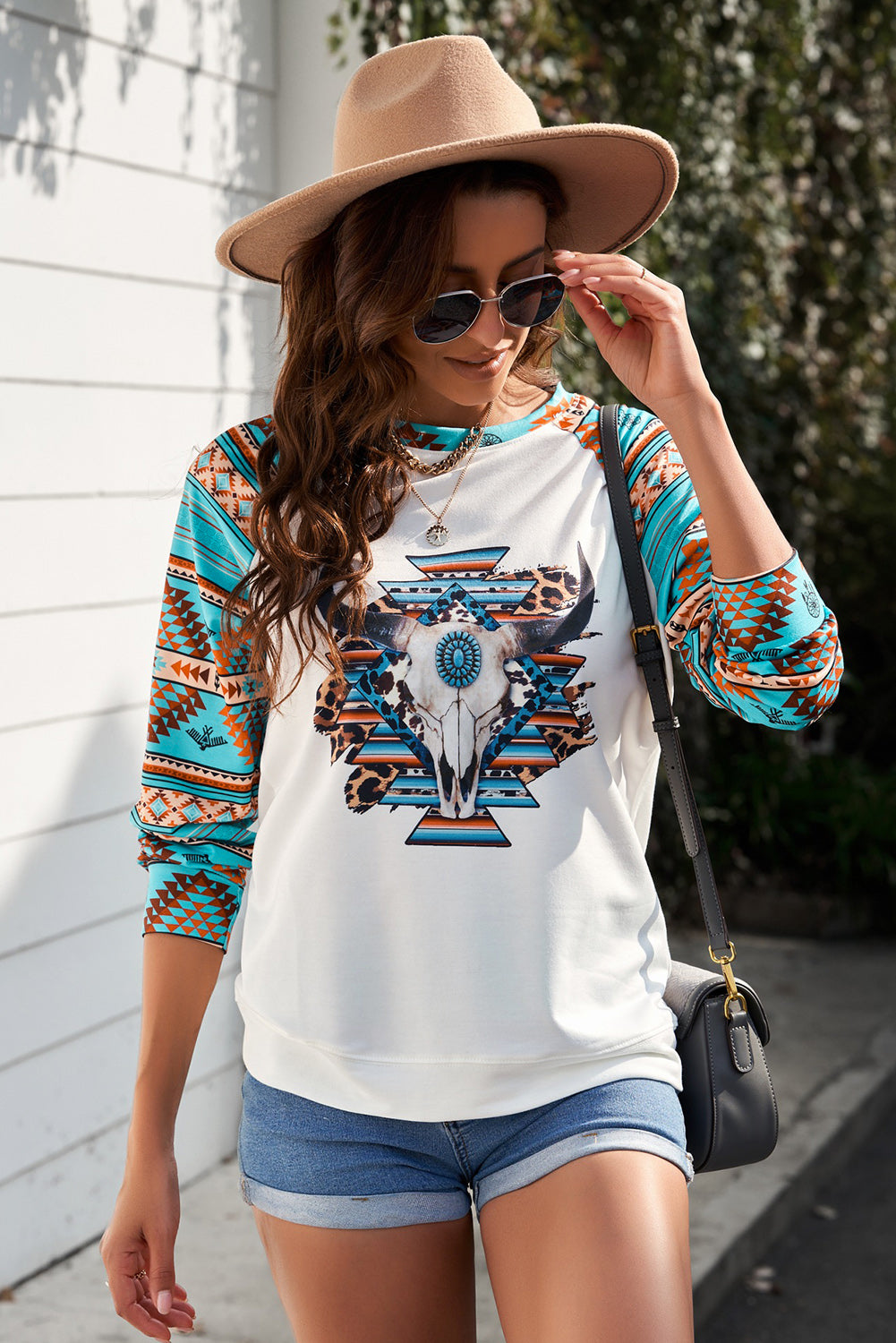 Aztec Sleeves Steer Head Graphic Women Sweatshirt