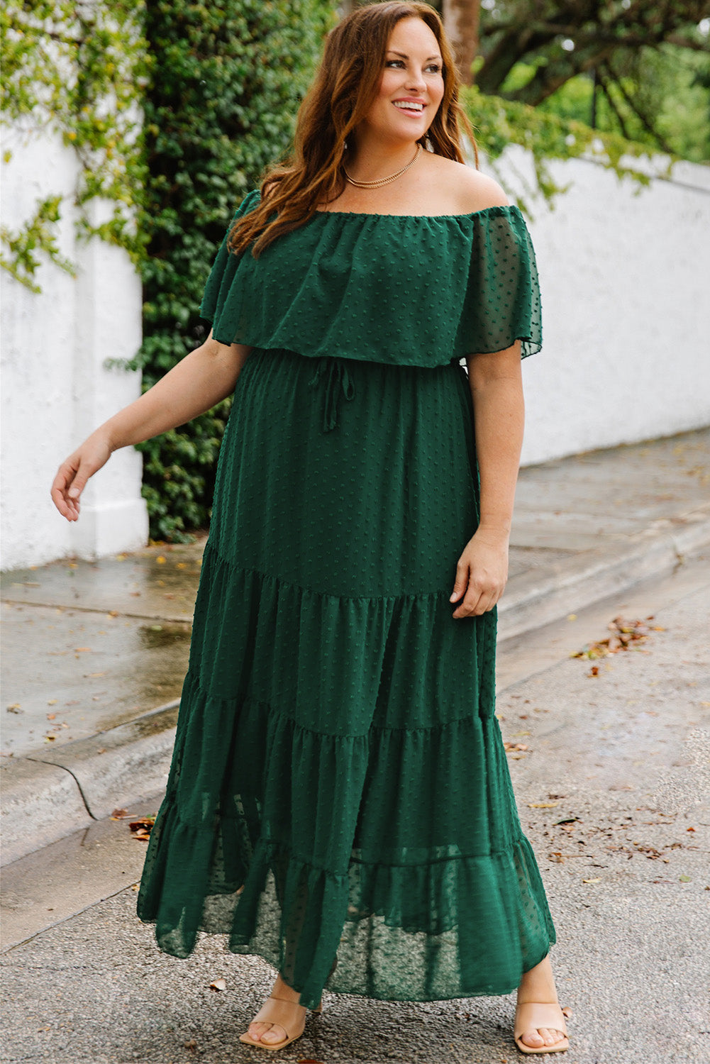 Yellow Yellow Off Shoulder Ruffle Swiss Dot Maxi Dress
