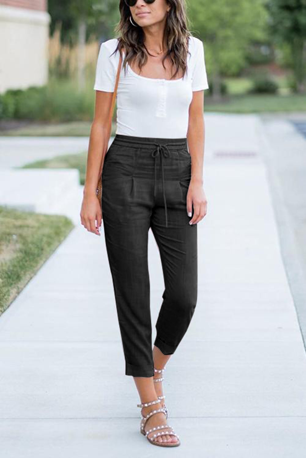 Black Drawstring Elastic Waist Pockets Long Straight Legs Pants
