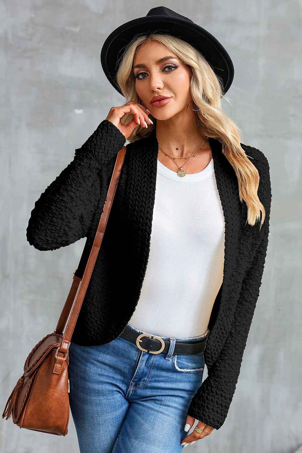 Fiery Red Popcorn Knit Open Front Cardigan