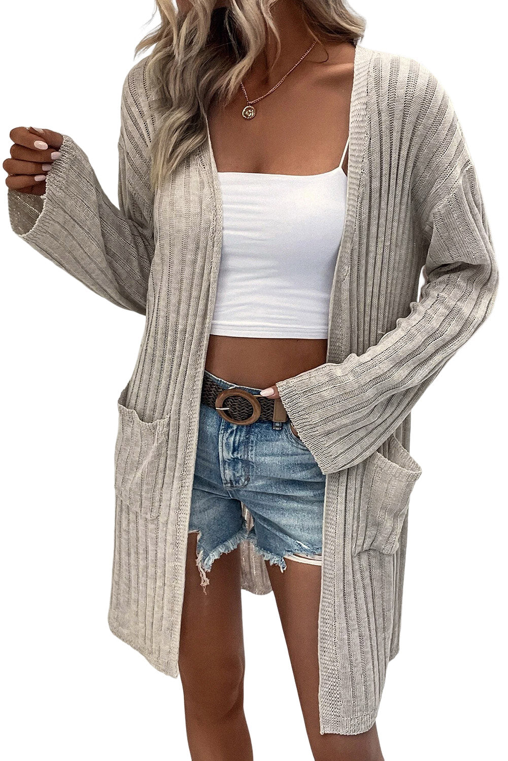 Gray Loose Ribbed Knit Pocketed Open Cardigan