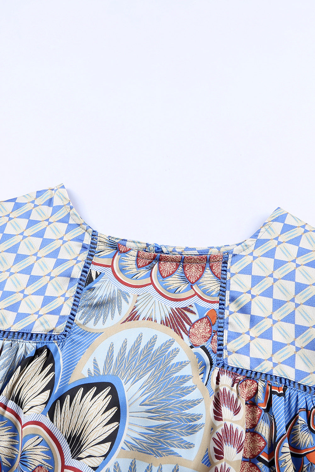Black Black Mixed Floral Geometric Print Ruffled Long Sleeve Blouse