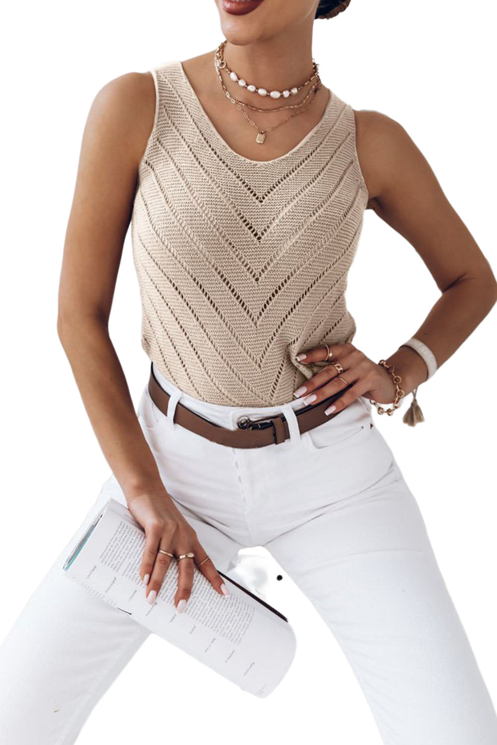 Khaki Chevron Hollowed Knit Tank Top
