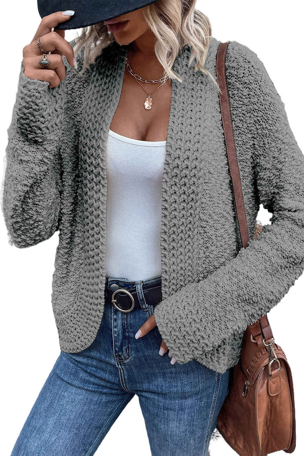 Fiery Red Popcorn Knit Open Front Cardigan