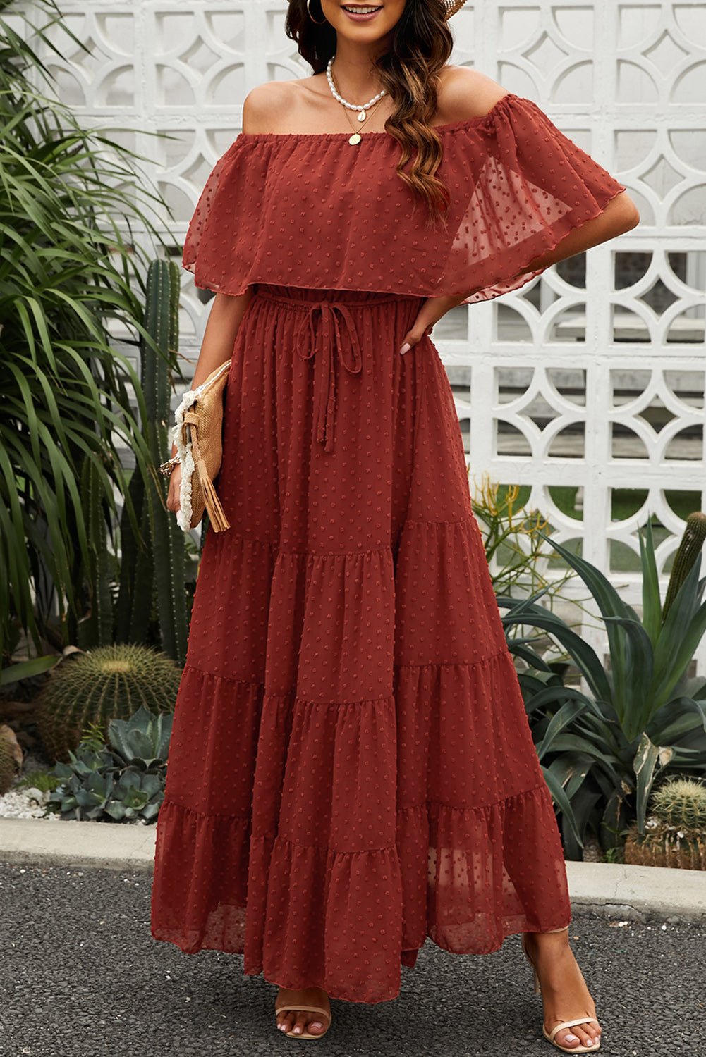 Yellow Yellow Off Shoulder Ruffle Swiss Dot Maxi Dress