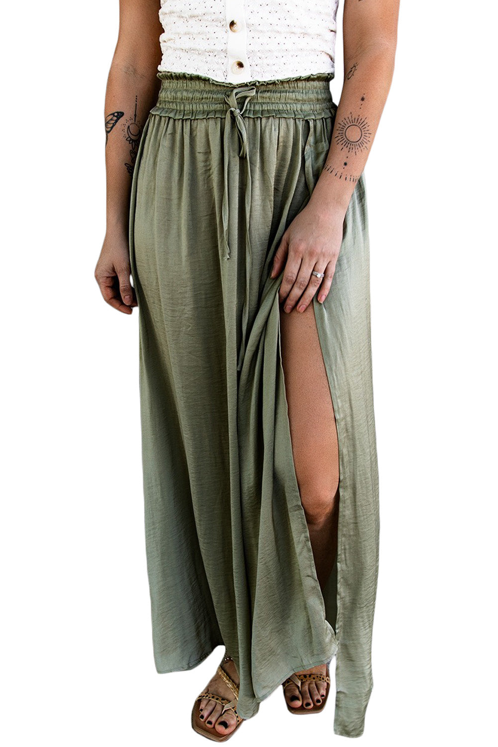 Adjustable Drawstring Smocked Waist Maxi Skirt