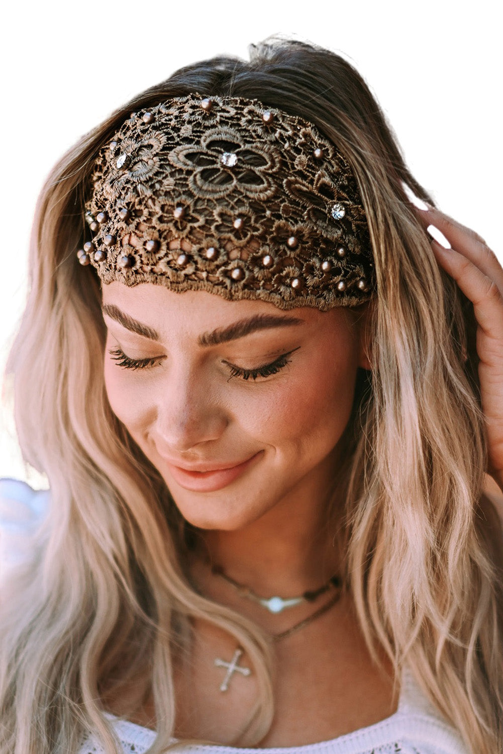 Hollowed Lace Pearl Decor Elastic Headband