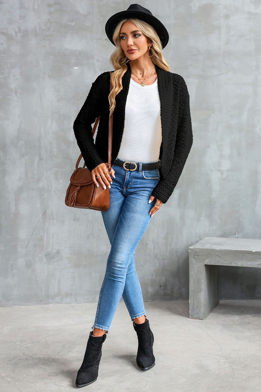 Fiery Red Popcorn Knit Open Front Cardigan