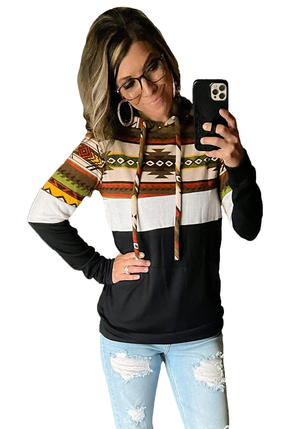 Tribal Colorblock Drawstring Hoodie