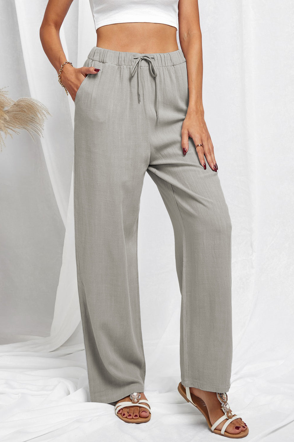 Black Drawstring Elastic Waist Pockets Long Straight Legs Pants