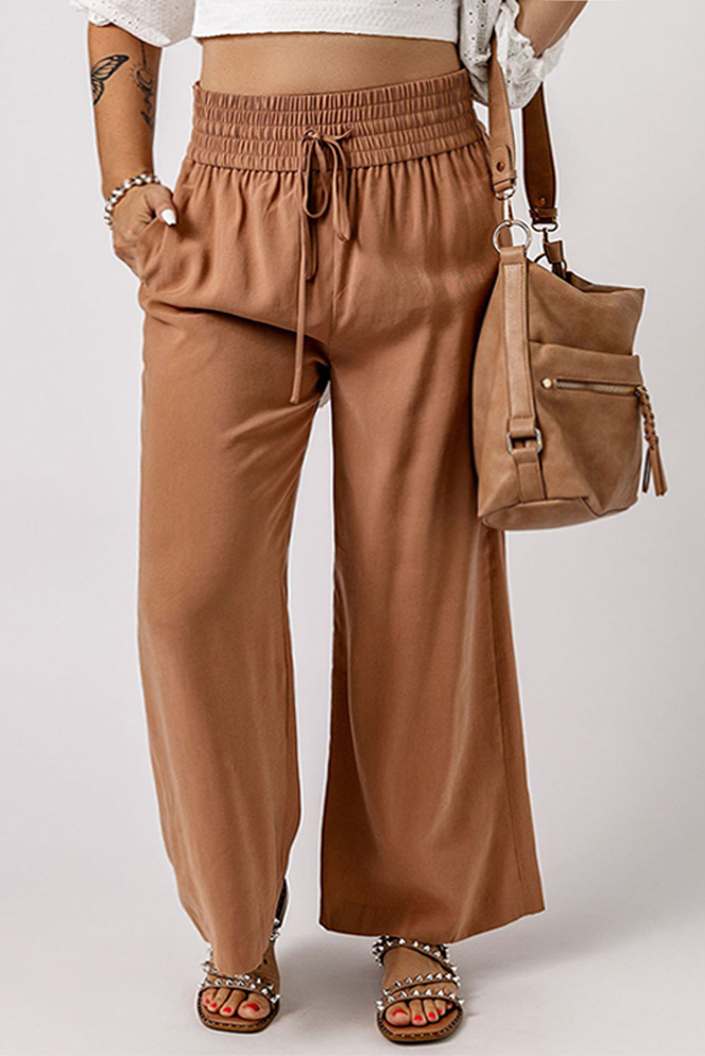 Brown Drawstring Elastic Waist Casual Wide Leg Pants