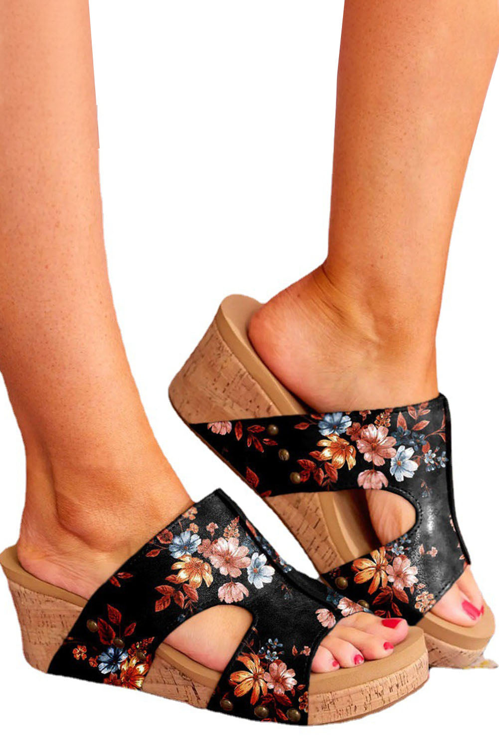 Flower Embroidered Cut Out Wedge Slippers